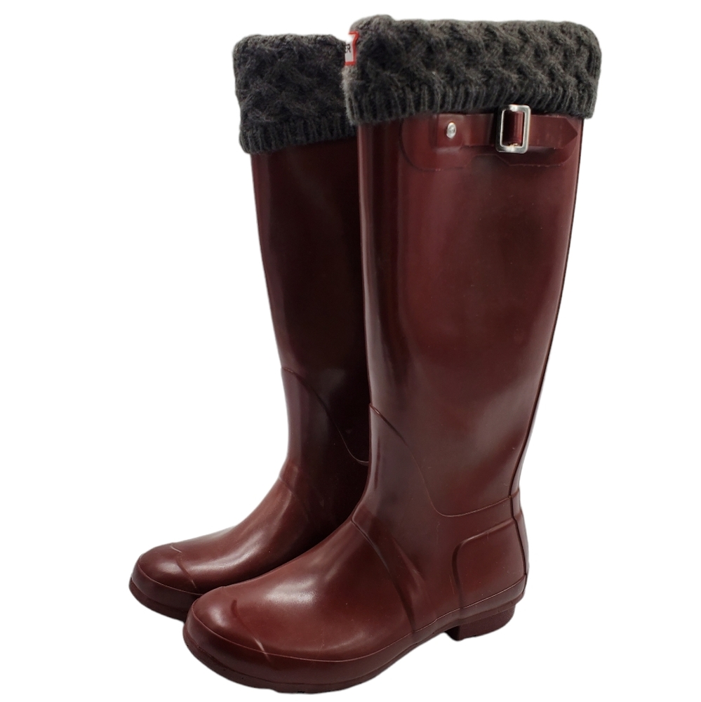 Hunter Burgandy Original Gloss Tall Rain Rainboots With Gray Socks